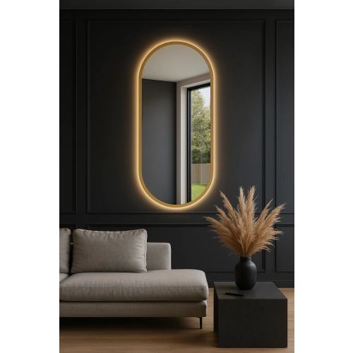Lustro VELVET OVAL Glamour Premium – Owalne Lustro w Złotej  Ramie  podświetleniem LED do Sypialni, Przedpokoju i Salonu Biura